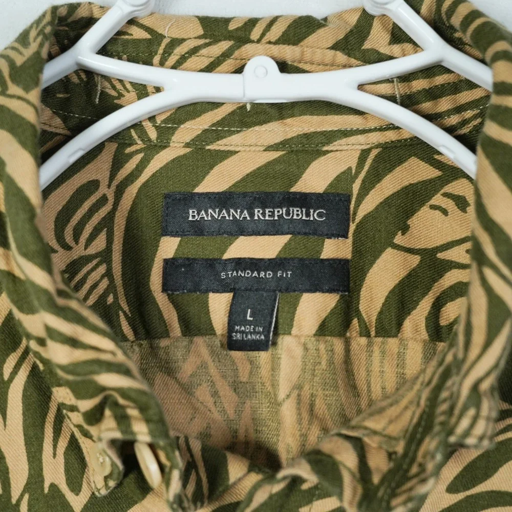 Banana Republic Zebra Expedition Linen Cotton Shirt Mens L Olive Green Safari
